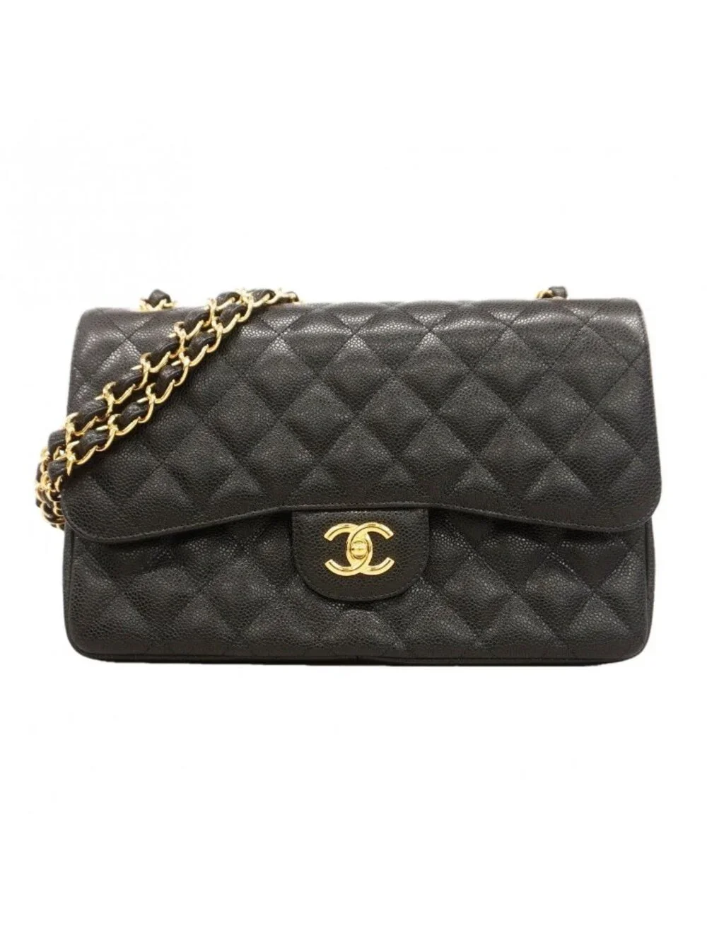Chanel Shoulder Bag Maxi Quilted Caviar Leather Black Gold